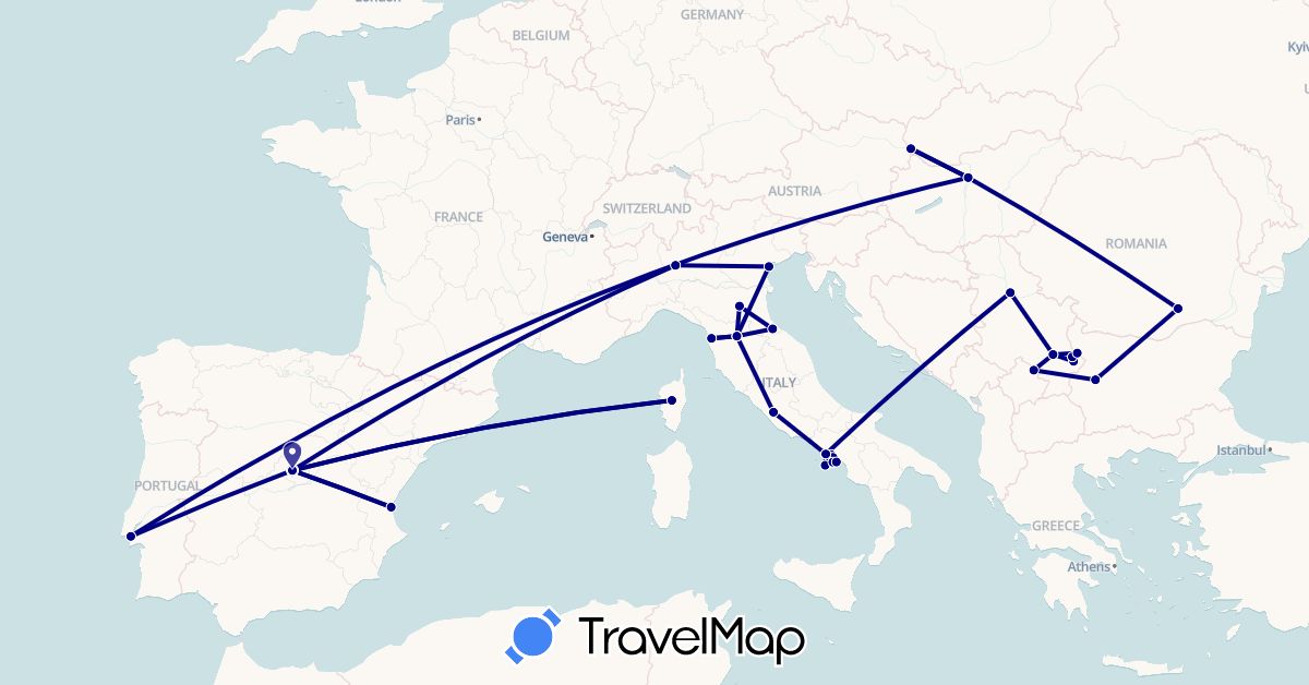TravelMap itinerary: driving in Bulgaria, Spain, France, Hungary, Italy, Portugal, Romania, Serbia, Slovakia, San Marino, Kosovo (Europe)